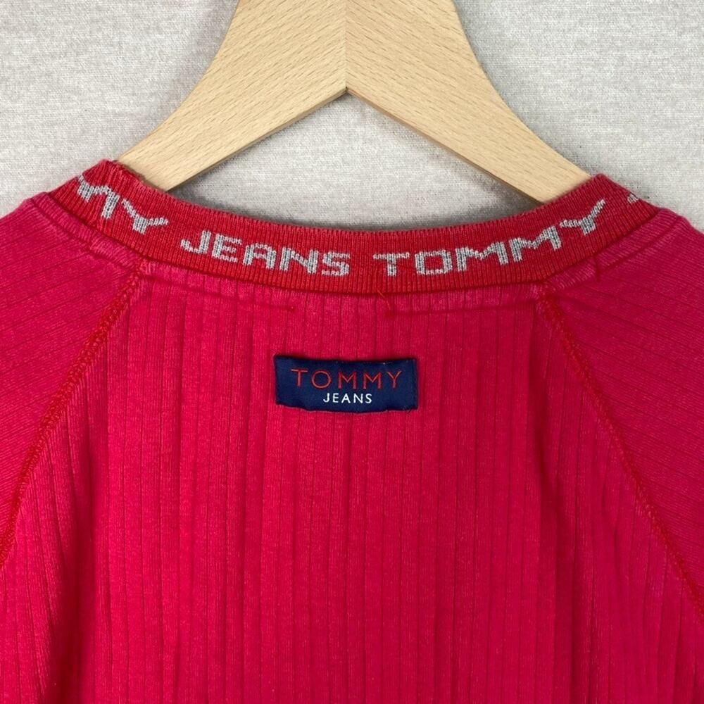 Vintage Tommy Hilfiger Mens Ribbed Tshirt Size L Red Spellout Logo 90s Preppy - Picture 4 of 8